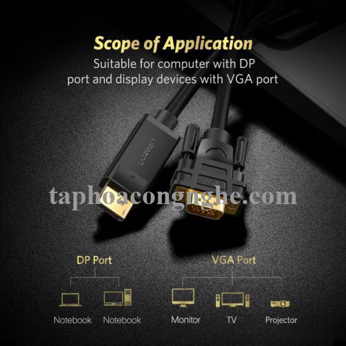 Ugreen 10236 3M màu Đen Cáp chuyển đổi DP sang VGA Hỗ trợ độ phân giải Full HD 1080P DP105 30010236